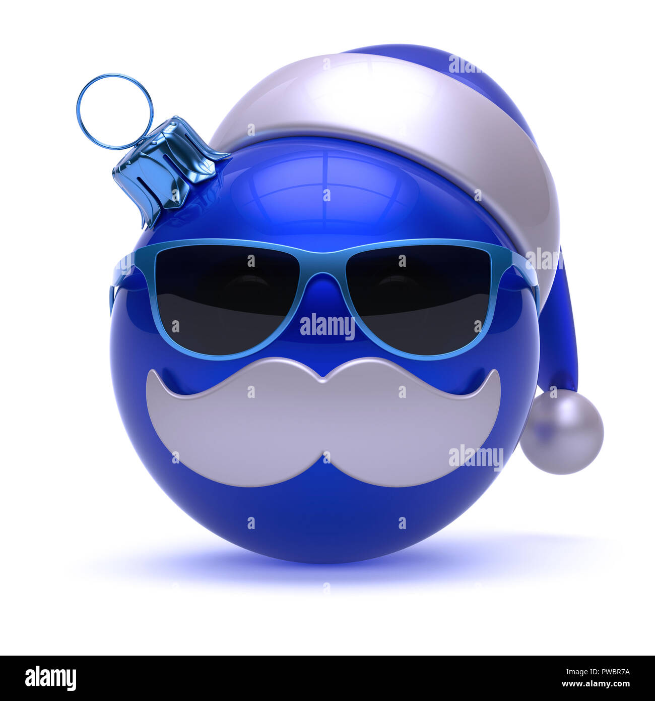 Christmas ball Santa Claus hat emoticon blue white. Happy New Year bauble cartoon mustache face decoration. Merry Xmas cheerful funny sunglasses perso Stock Photo