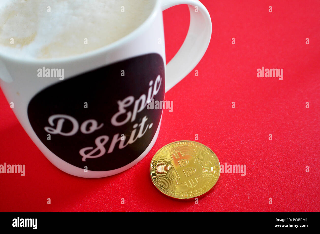 Bitcoin with slogan coffee mug Stock Photo