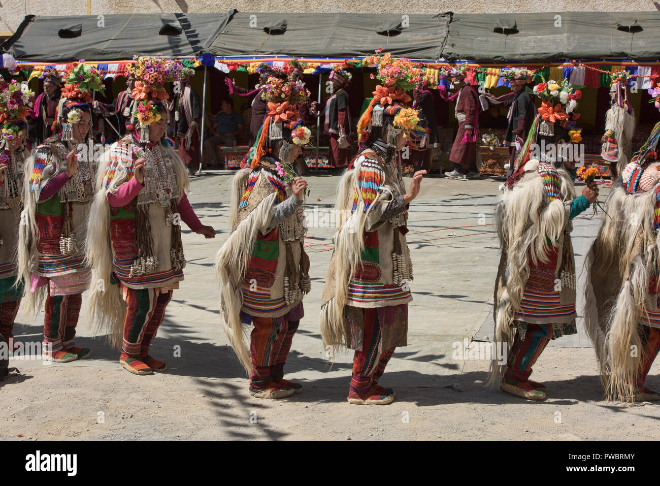 Aryan (Brogpa) women dancing at a traditional festival, Biama village ...