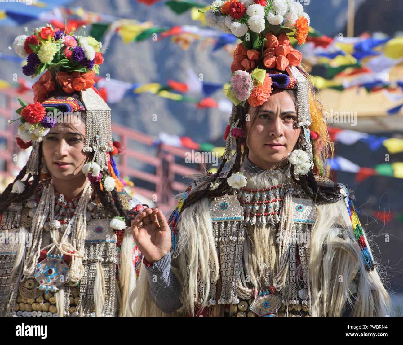 Aryan (Brogpa) women dancing at a traditional festival, Biama village ...