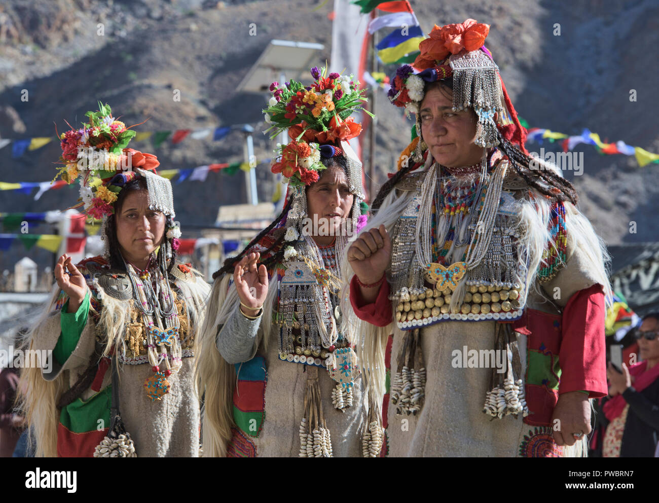 Aryan (Brogpa) women dancing at a traditional festival, Biama village ...