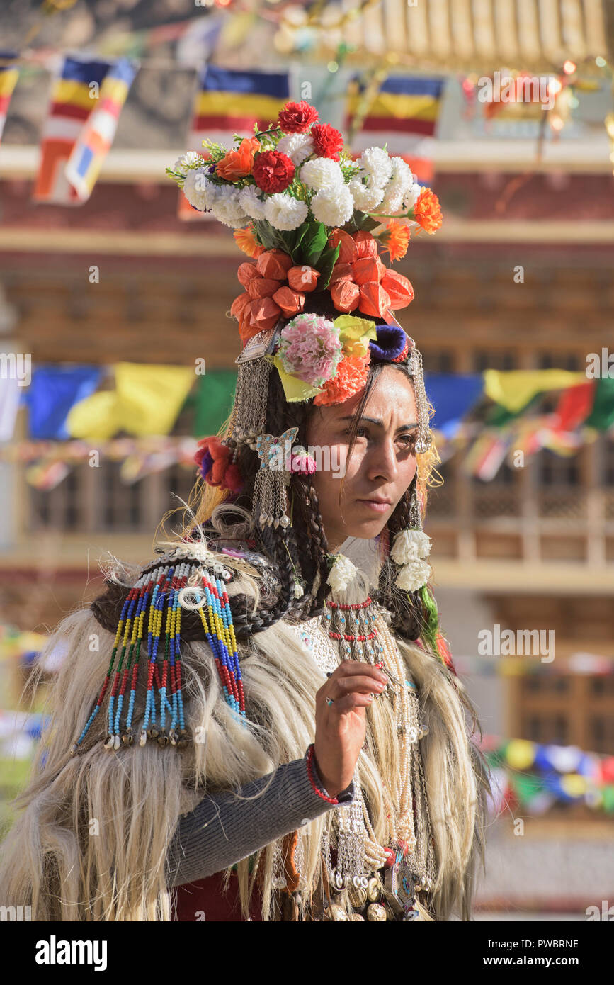 Aryan (Brogpa) woman dancing at a traditional festival, Biama village ...