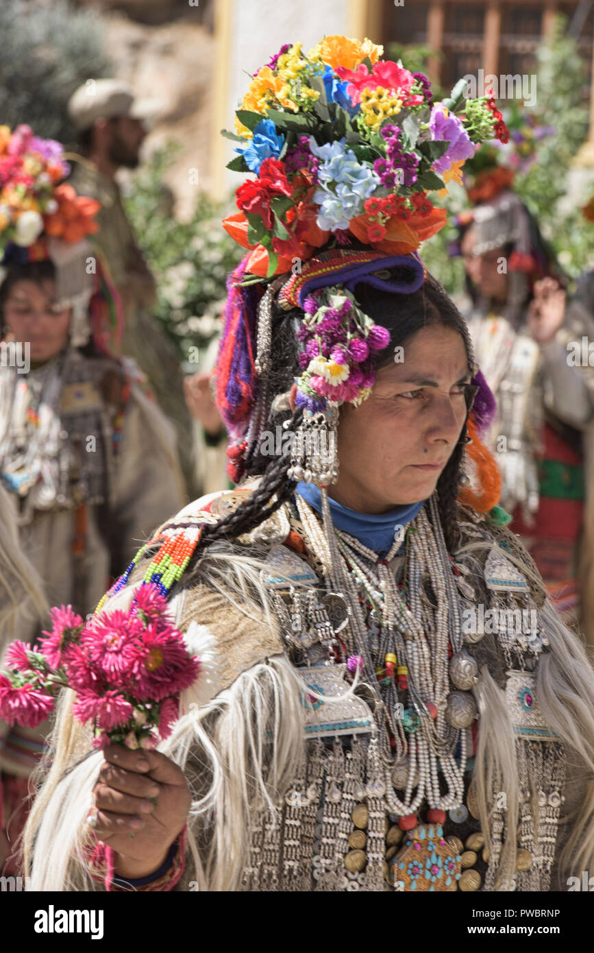 Aryan (Brogpa) woman dancing at a traditional festival, Biama village ...