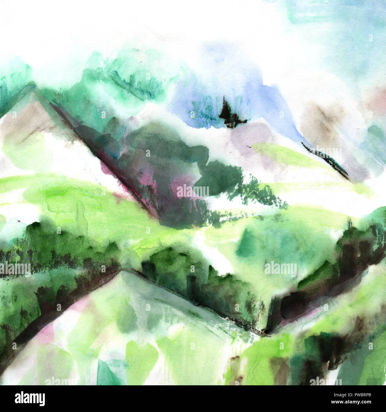 Watercolor painting green misty forest hi-res stock photography and ...
