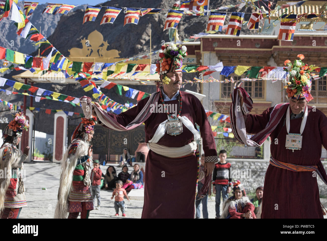 Aryan (Brogpa) men dancing at a traditional festival, Biama village ...