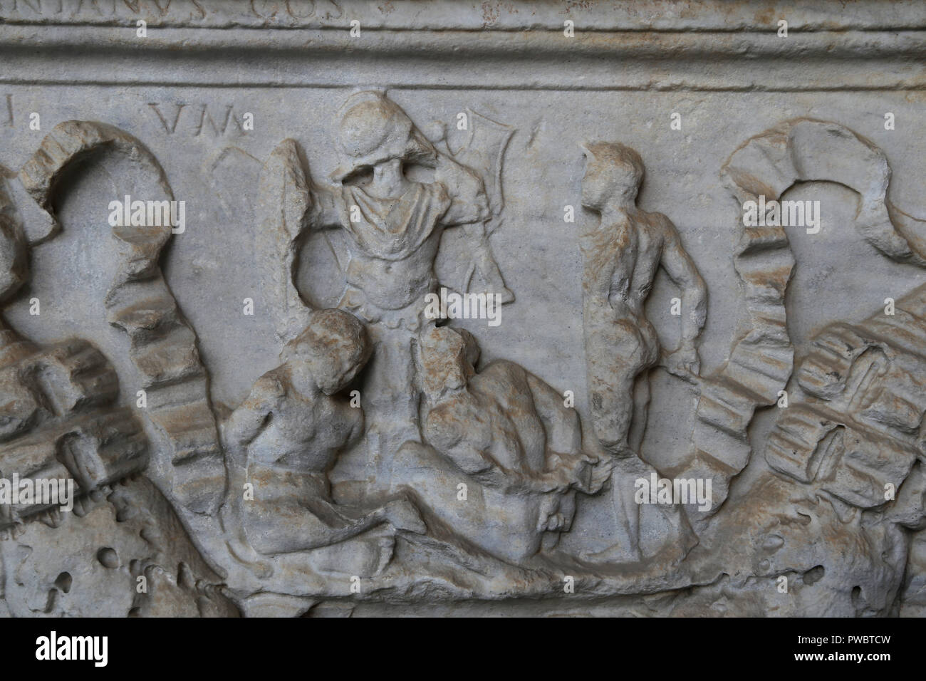 Italy. Pisa. Camposanto. Roman sarcophagus. Prisoners before man armed with sword. Ca.125. Stock Photo