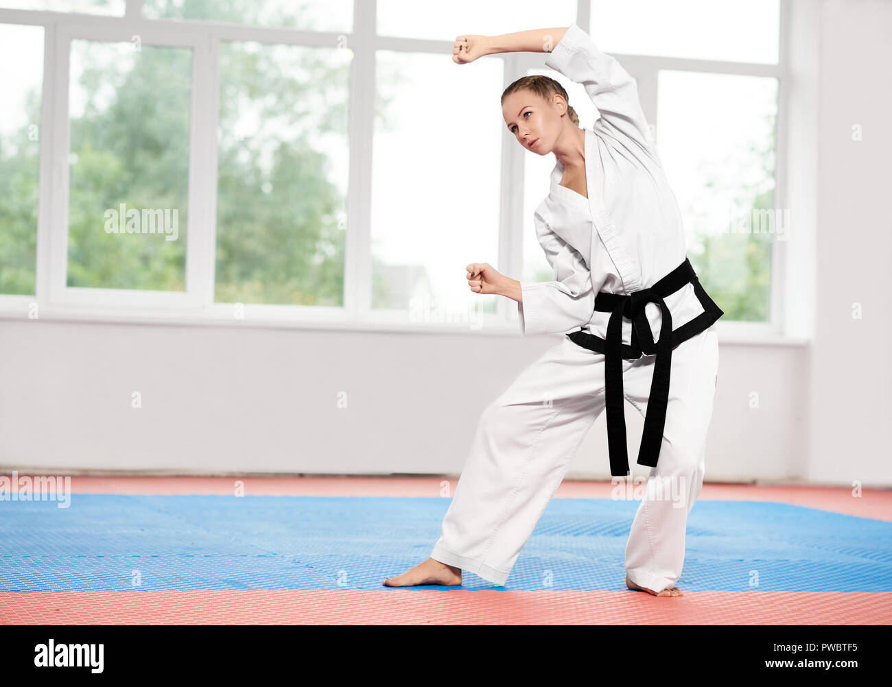 Blonde girl wearing in white kimono with black belt practicing martial arts at karate class. Professional female fighter perfecting karate position to improve quality of battle. Concept of sport. Stock Photo