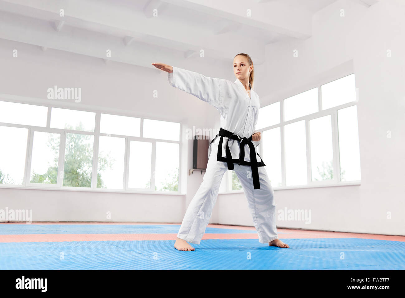 Sporty karate woman in white kimono with black belt training karate against big window at fight class. Female fighter with blue eyes and braided hair standing ready to attack her opponent. Stock Photo