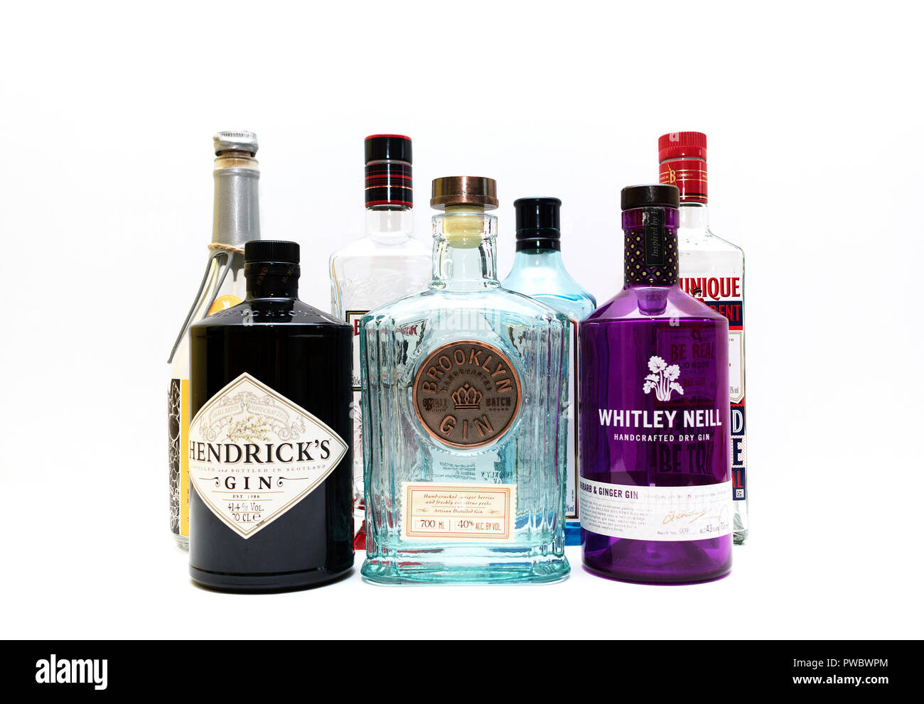bottles of craft gins, speciality gin, Stock Photo
