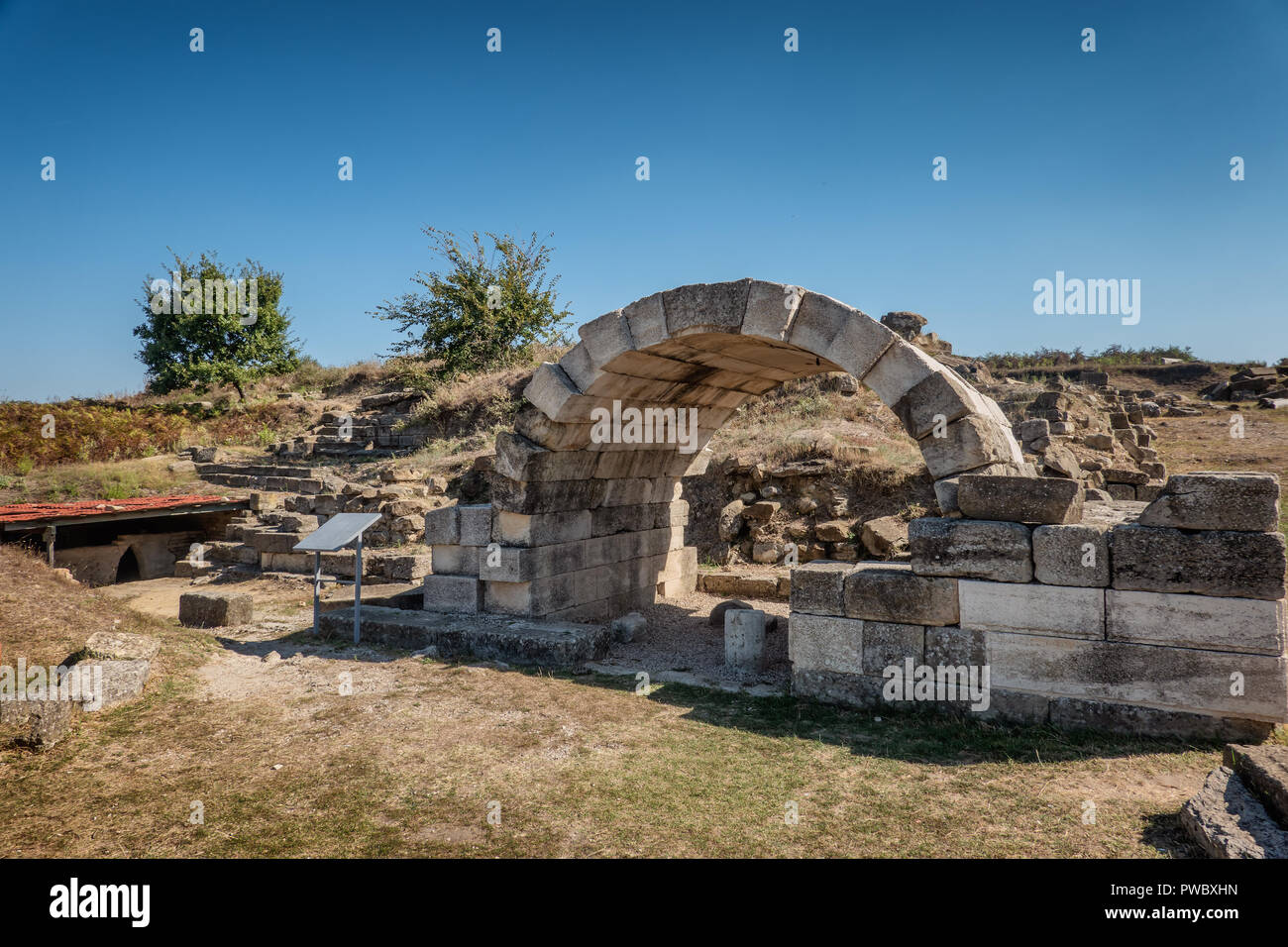 Temple and theater in the ancient city of Apollonia, Albania Stock Photo