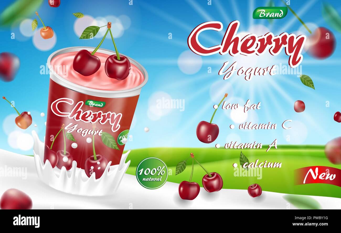 Cherry yogurt with splash isolated on bokeh background. Cream yogurt products package ad. 3d realistic ripe cherry Vector illustration Stock Vector