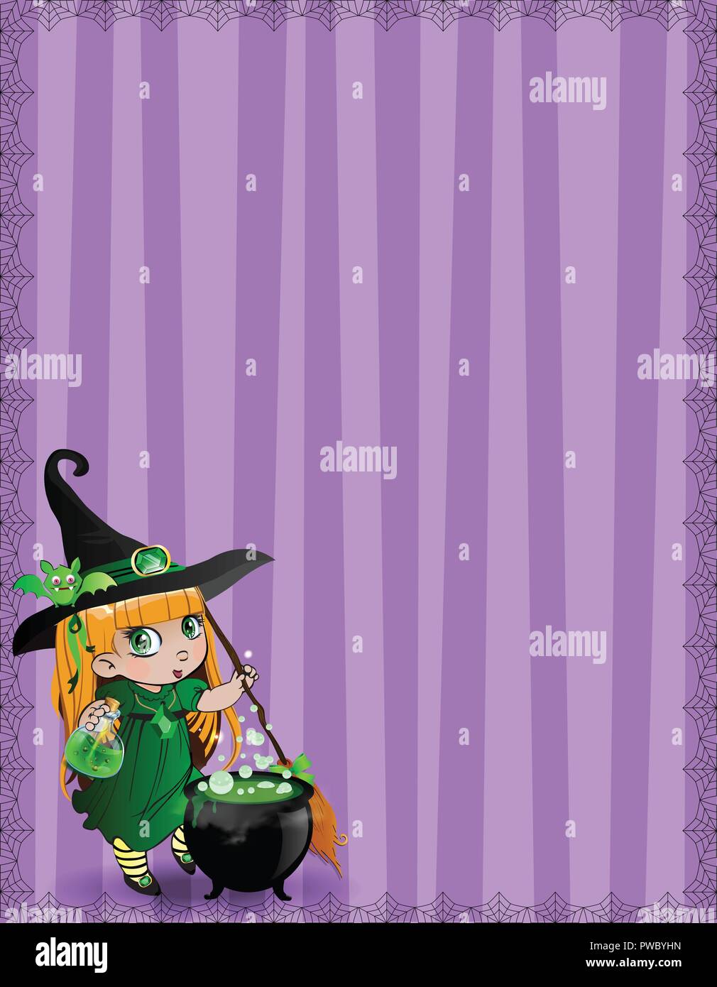 Halloween template with little baby witch girl, bat and cauldron framed with spider cobweb on striped violet background. Flyer, invitation, greeting c Stock Vector