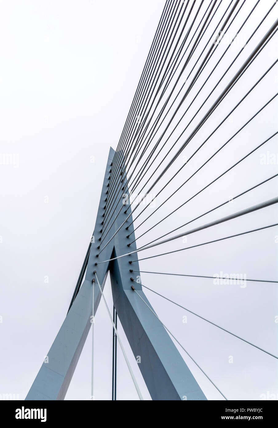 Pale blue pylon and cables of Erasmusbrug bridge against cloudy sky. It is combined cable-stayed and bascule bridge in the centre of Rotterdam. Stock Photo