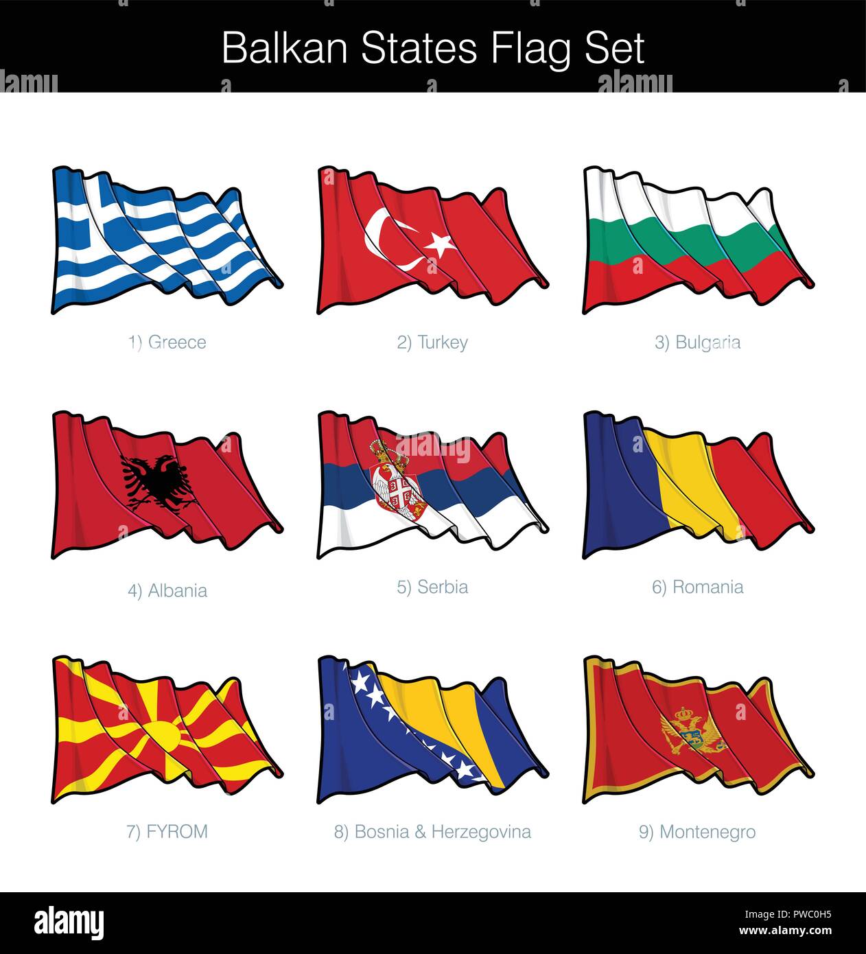 Balkan States Waving Flag Set. The set includes the flags of Greece, Turkey, Bulgaria Albania, Serbia, Romania, FYROM, Bosnia Herzegovina and Monteneg Stock Vector