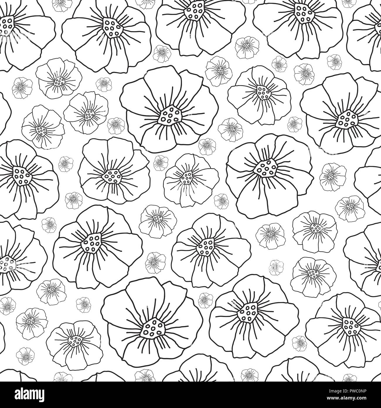 Line Poppies Illustration-Monochromatic Flowers.Seamless Repeat Pattern ...