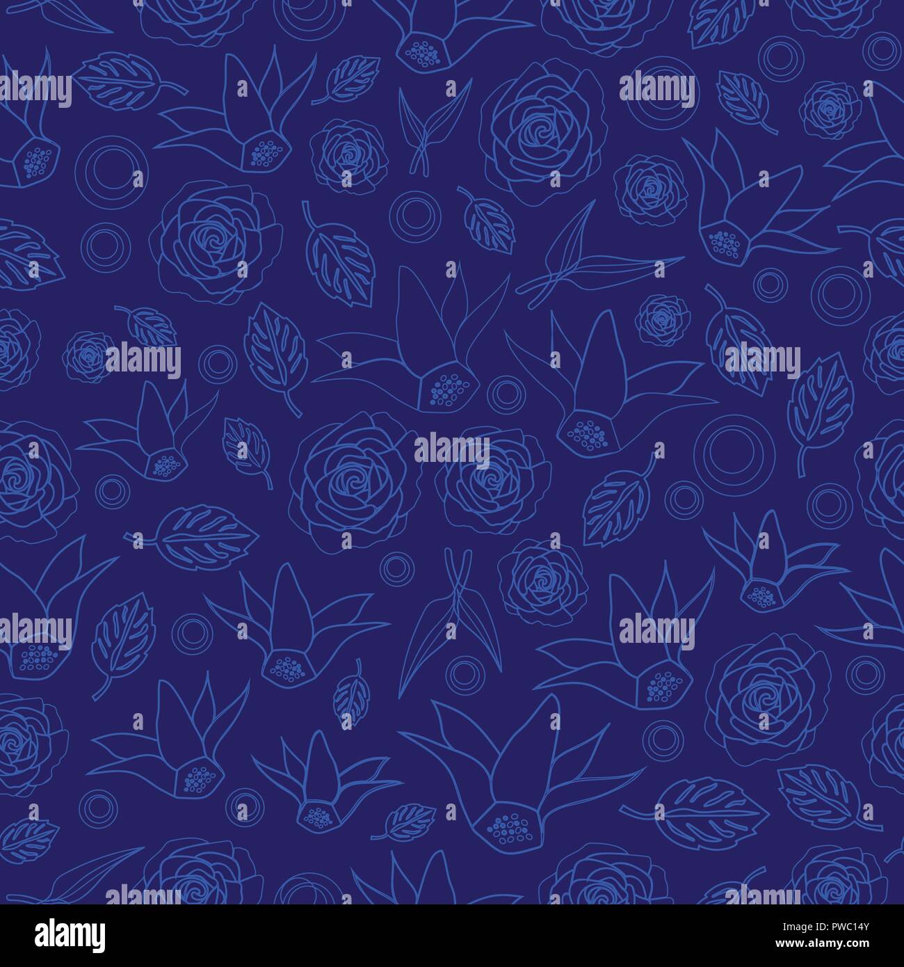 Flowers Line Silhuette-Flowers in Bloom Seamless Repeat Pattern. Pattern Background. Stock Vector
