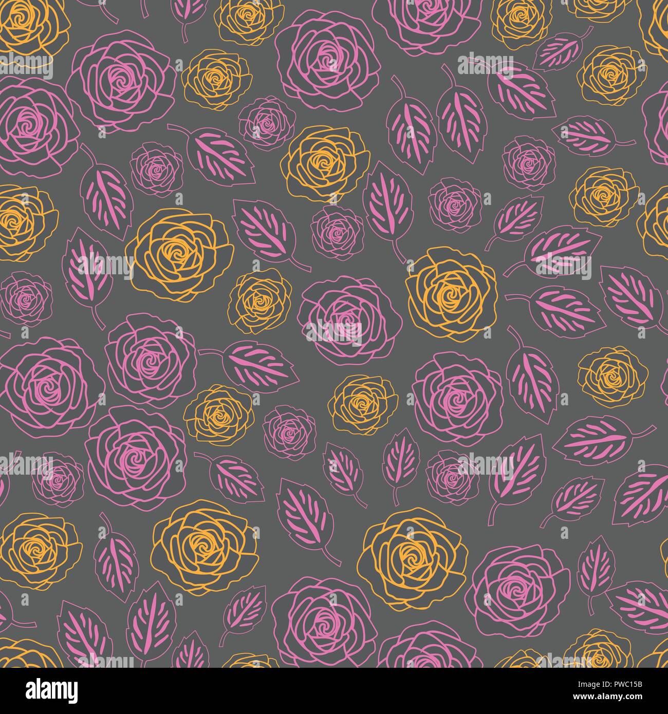 Roses and Leaves Silhuette-Flowers in Bloom Seamless Repeat Pattern. Pattern Background. Stock Vector