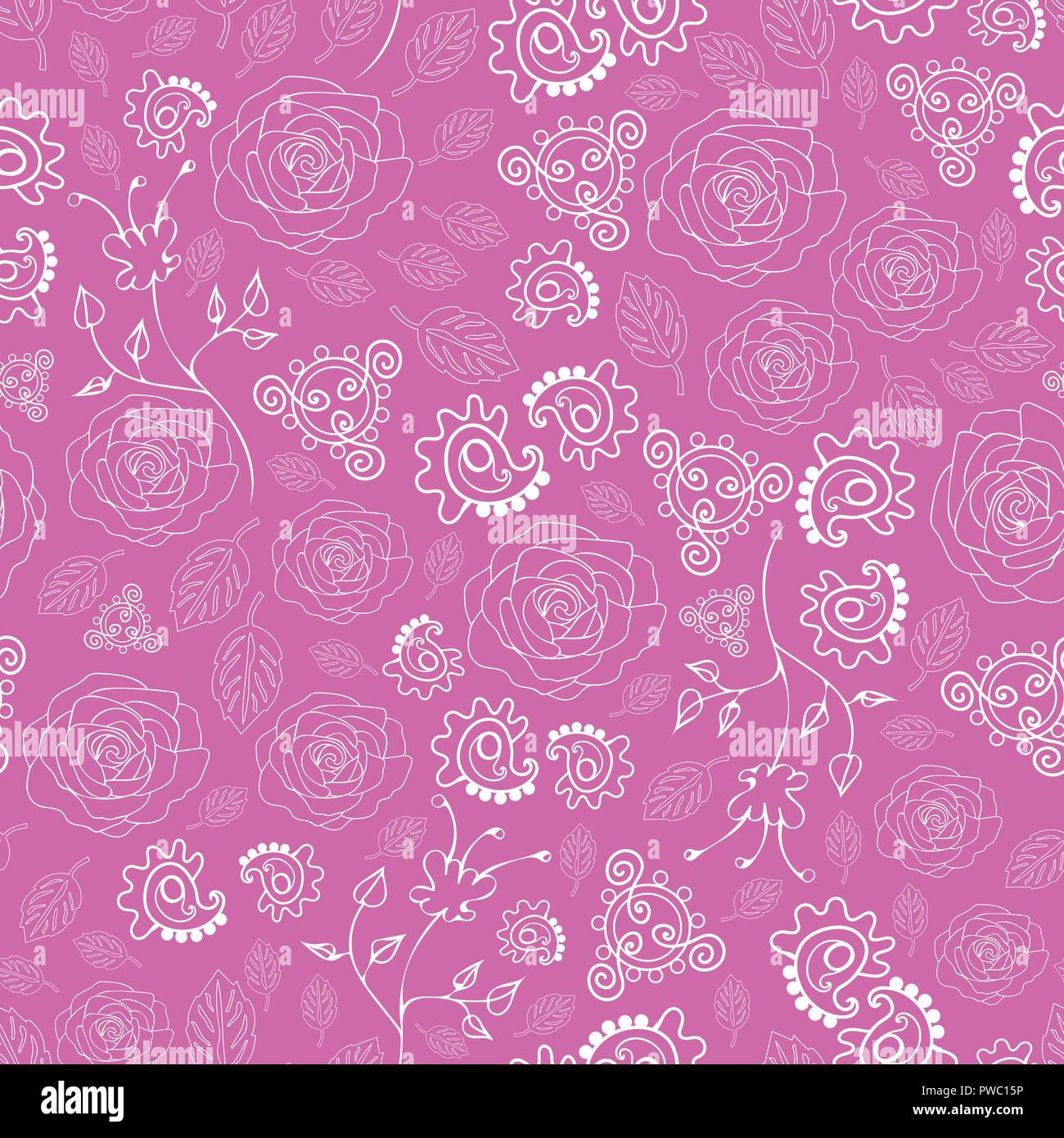 Roses and Paisley-Flowers in Bloom Seamless Repeat Pattern. Pattern Background. Stock Vector