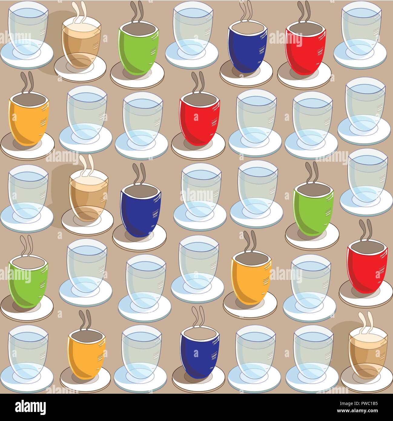 Coffee Cups Tea Cups and Glasses of Water Seamless Repeat Pattern Stock