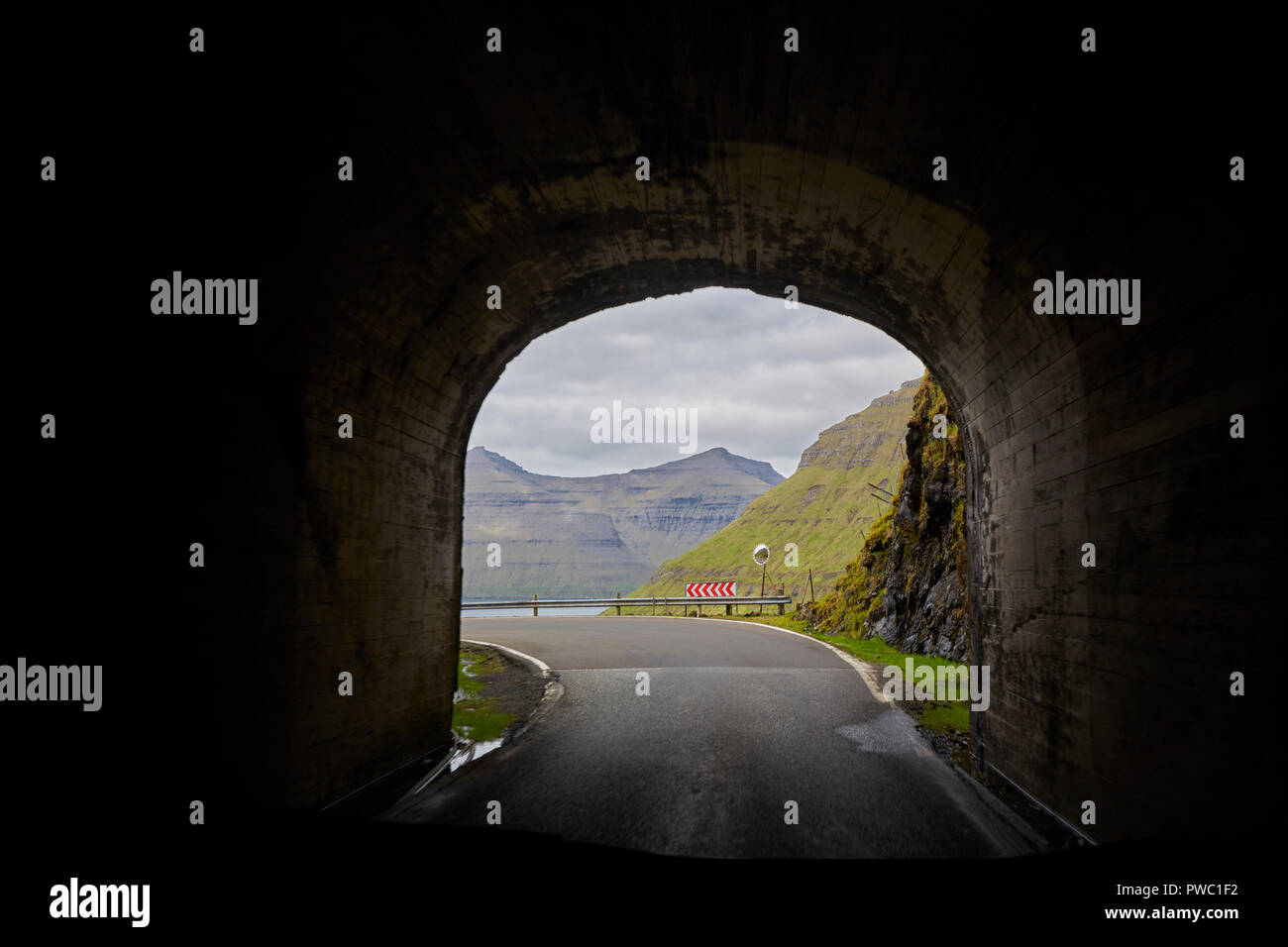 Exiting Tunnel on Route 70 on Bordoy Island in Faroe Islands Faroes Stock Photo