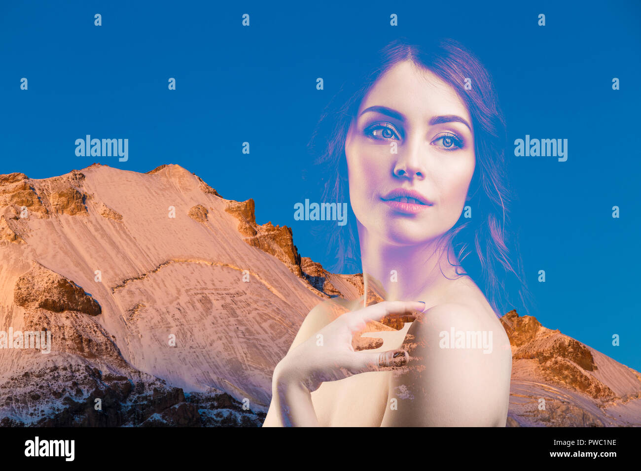 Double exposure portrait of young beautiful woman and mountains Stock ...