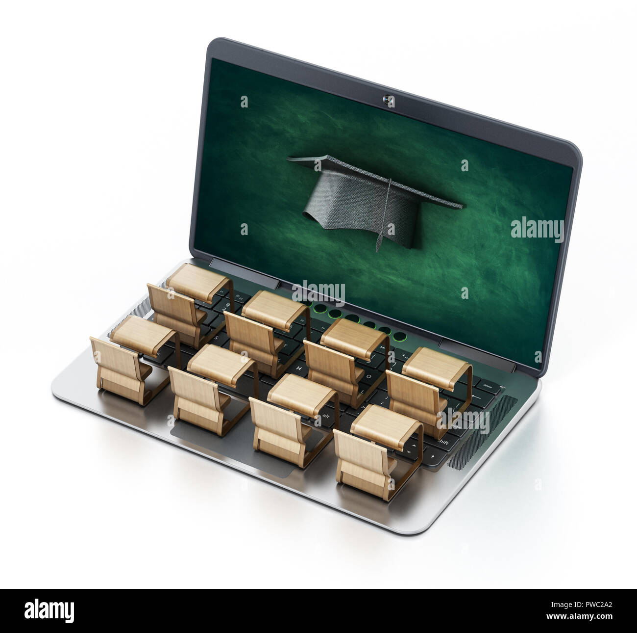 Student desks on laptop computer keyboard. 3D illustration. Stock Photo