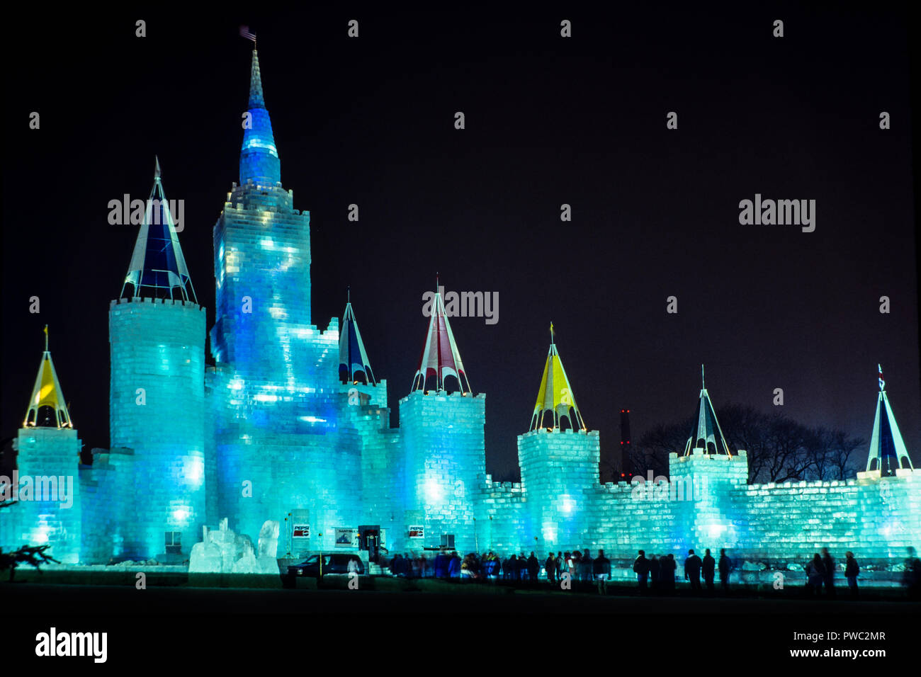 1992 St. Paul Winter Carnival Ice Palace at night. 166 ft tall with a construction cost of $1.1 million. Stock Photo