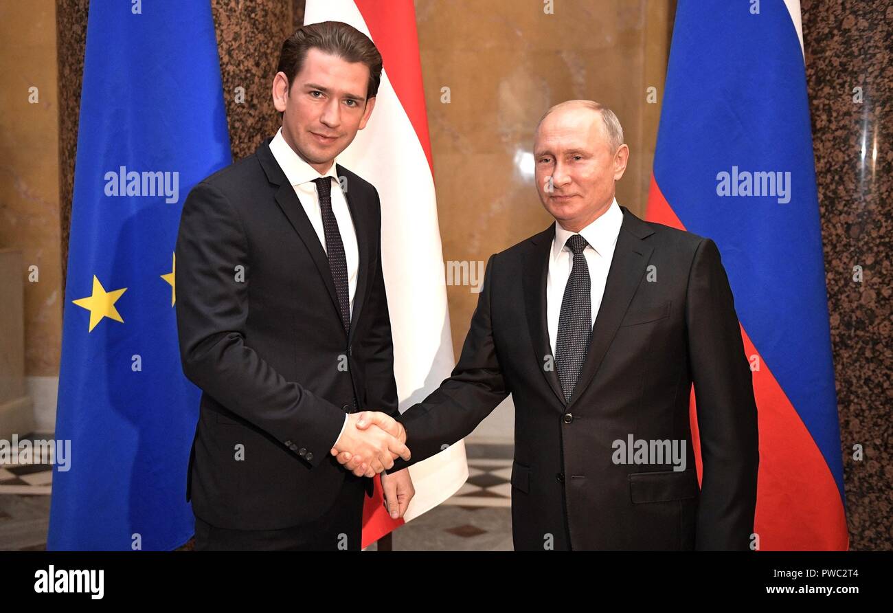 Russian President Vladimir Putin Shakes Hands With Federal Chancellor Of Austria Sebastian Kurz During The Meeting At The State Hermitage Museum October 3 2018 In St Petersburg Russia Stock Photo Alamy