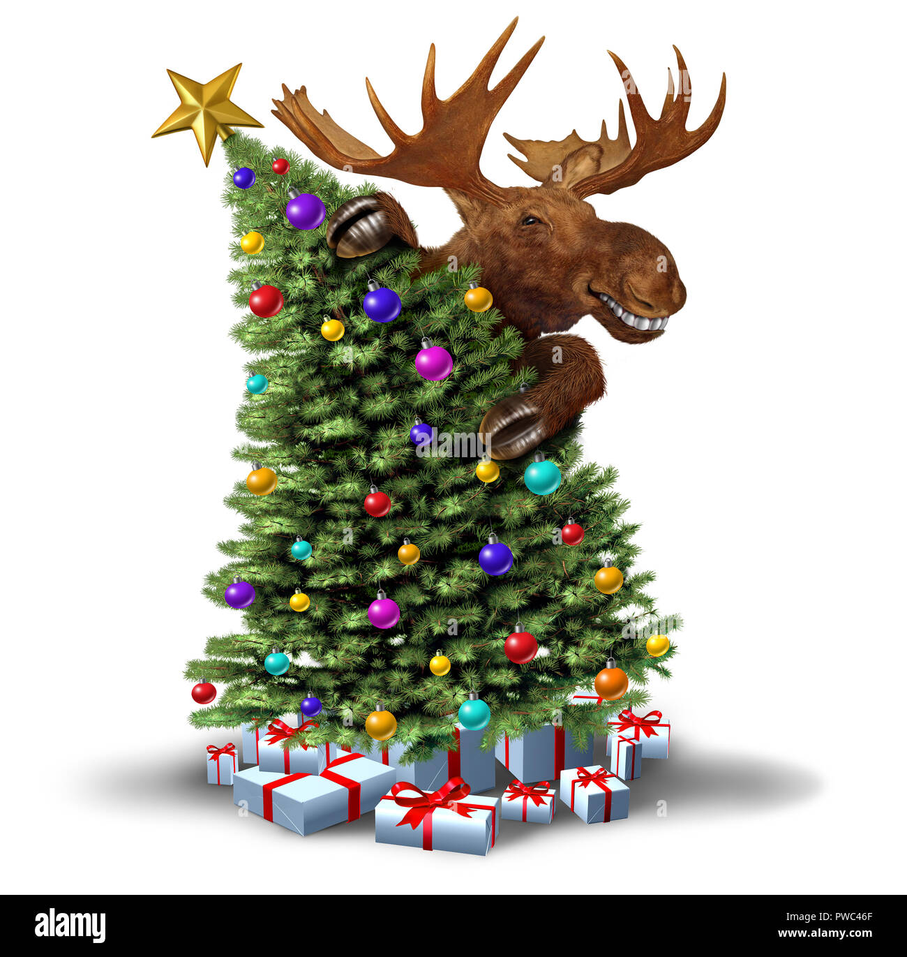 Funny moose decorating a Christmas tree as a winter holiday ...