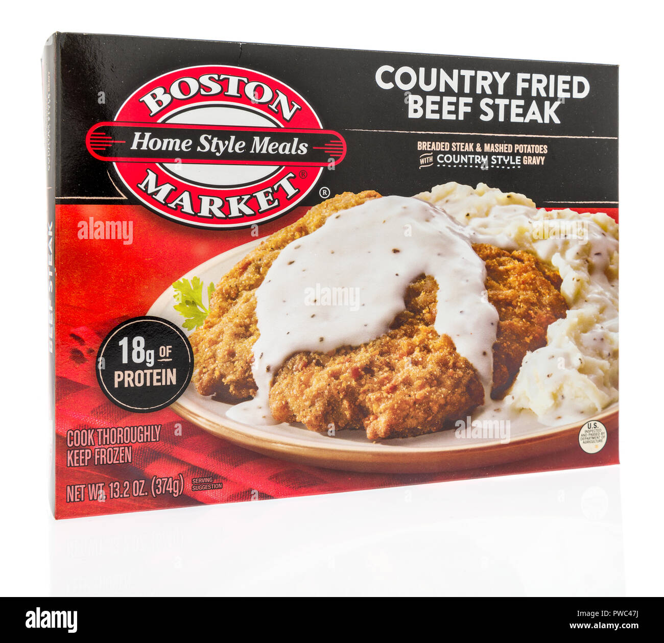 Winneconne, WI - 29 September 2018: A box of Boston Market home style meals in country fried beef steak on an isolated background Stock Photo