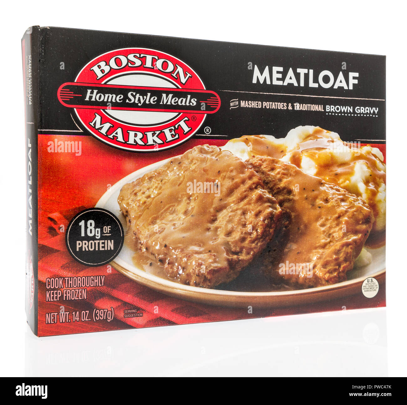 Winneconne, WI - 29 September 2018: A box of Boston Market home style meals in meatloaf steak on an isolated background Stock Photo