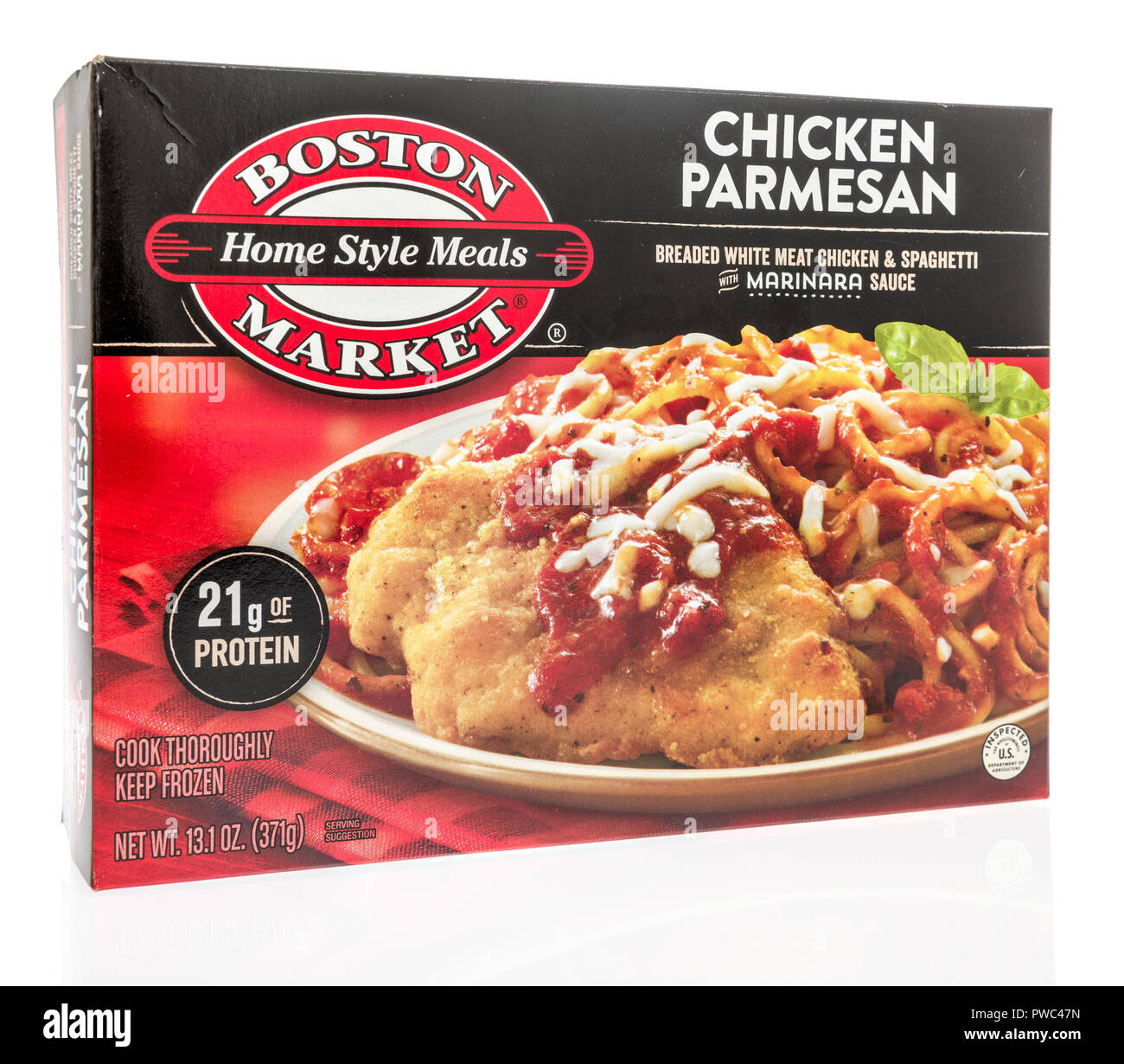 Winneconne, WI - 29 September 2018: A box of Boston Market home style meals in chicken parmesan on an isolated background Stock Photo