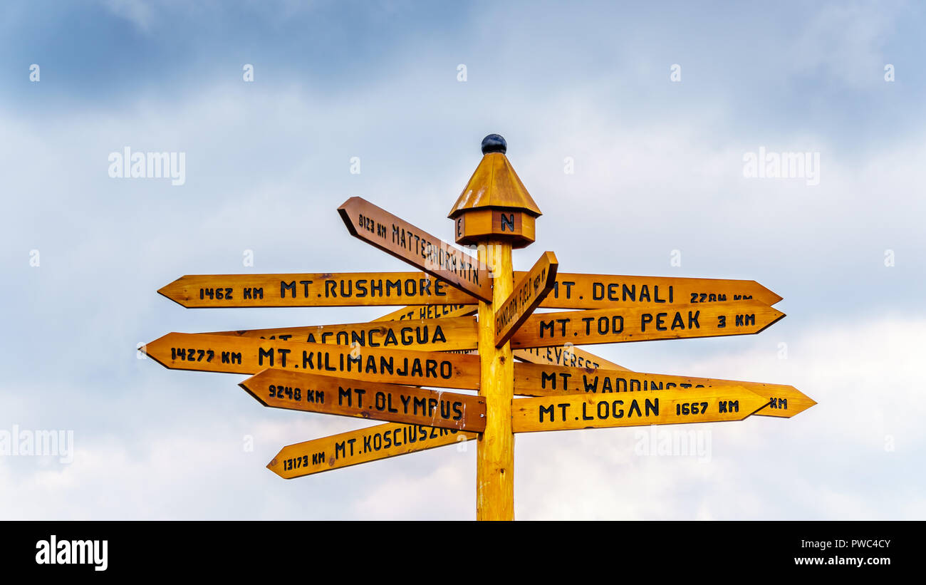 Sign on Tod Mountain at Sun Peaks village, in British Columbia, Canada, that shows distances to some well known mountains in the world Stock Photo