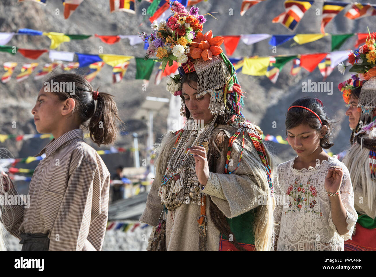 Aryan (Brogpa) girls learning traditional dance at a festival, Biama ...