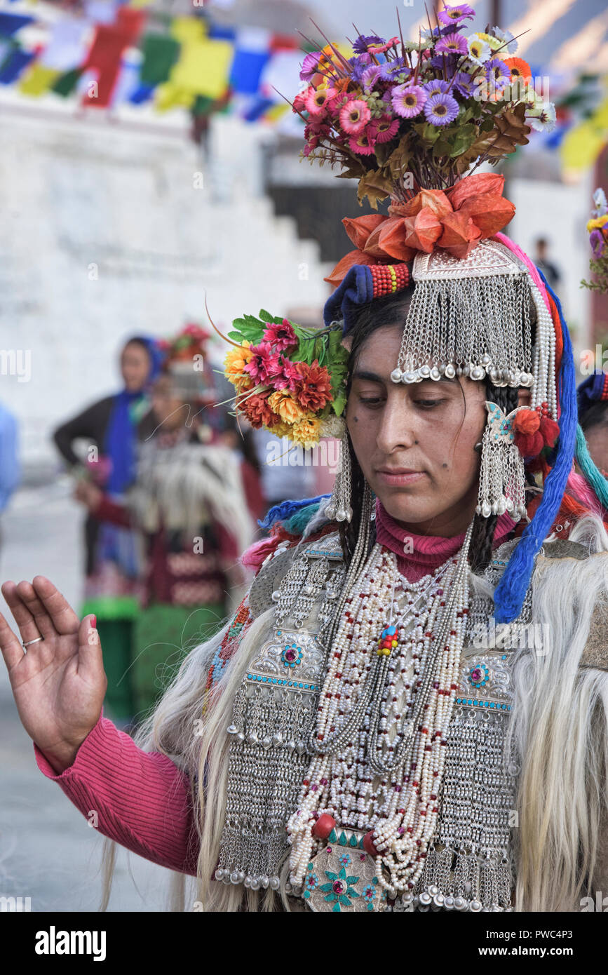 Aryan (Brogpa) woman dancing at a traditional festival, Biama village ...