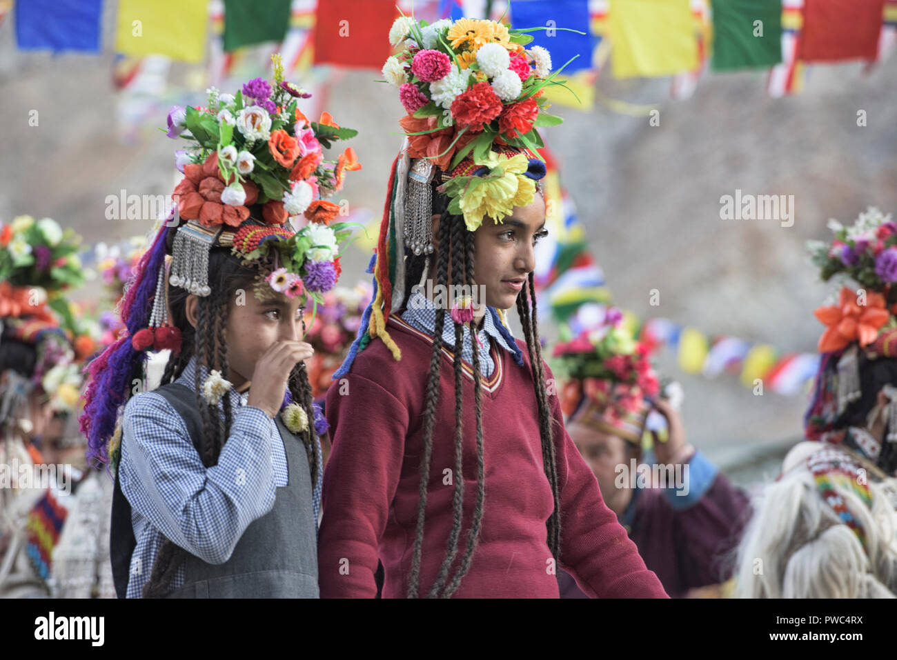Aryan (Brogpa) girls dancing at a traditional festival, Biama village ...