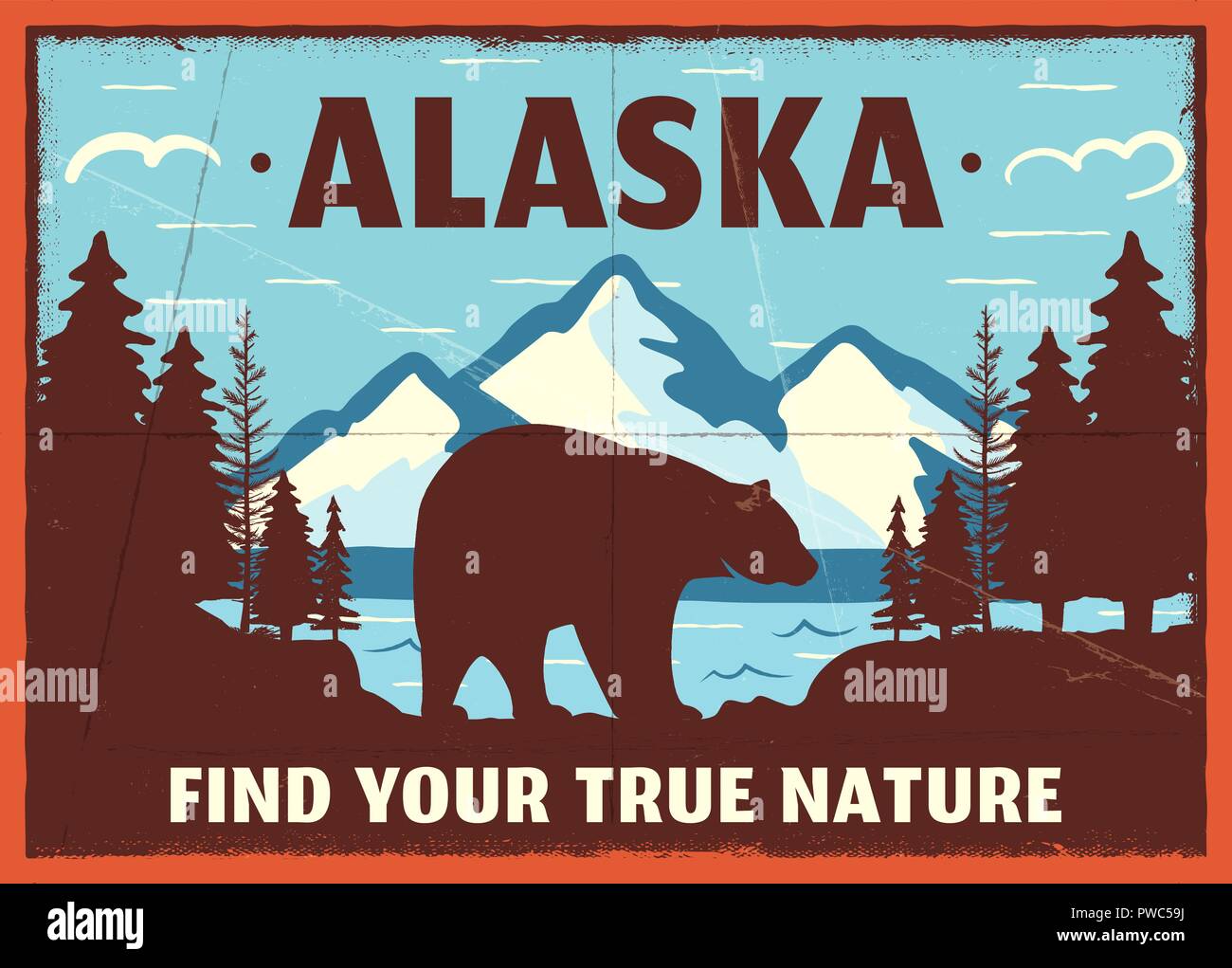 Alaska poster design. Mountain adventure patch. American travel logo. Cute retro style label, brochure. Find your true nature custom quote. Bear walking through the forest. Stock vector emblem Stock Vector