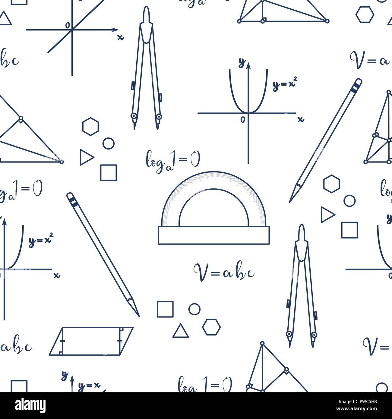 Mathematical scientific vector seamless pattern with geometry plots, tools and formulas. Education elements. Compasses, protractor, pencil, graphics,  Stock Vector