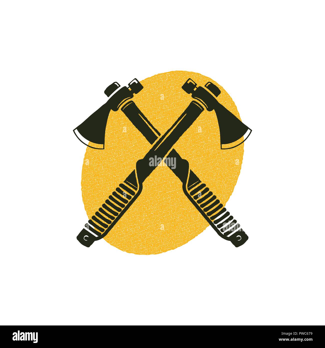 Crossed axes icon with yellow shape behind. Lumberjack symbol isolated ...
