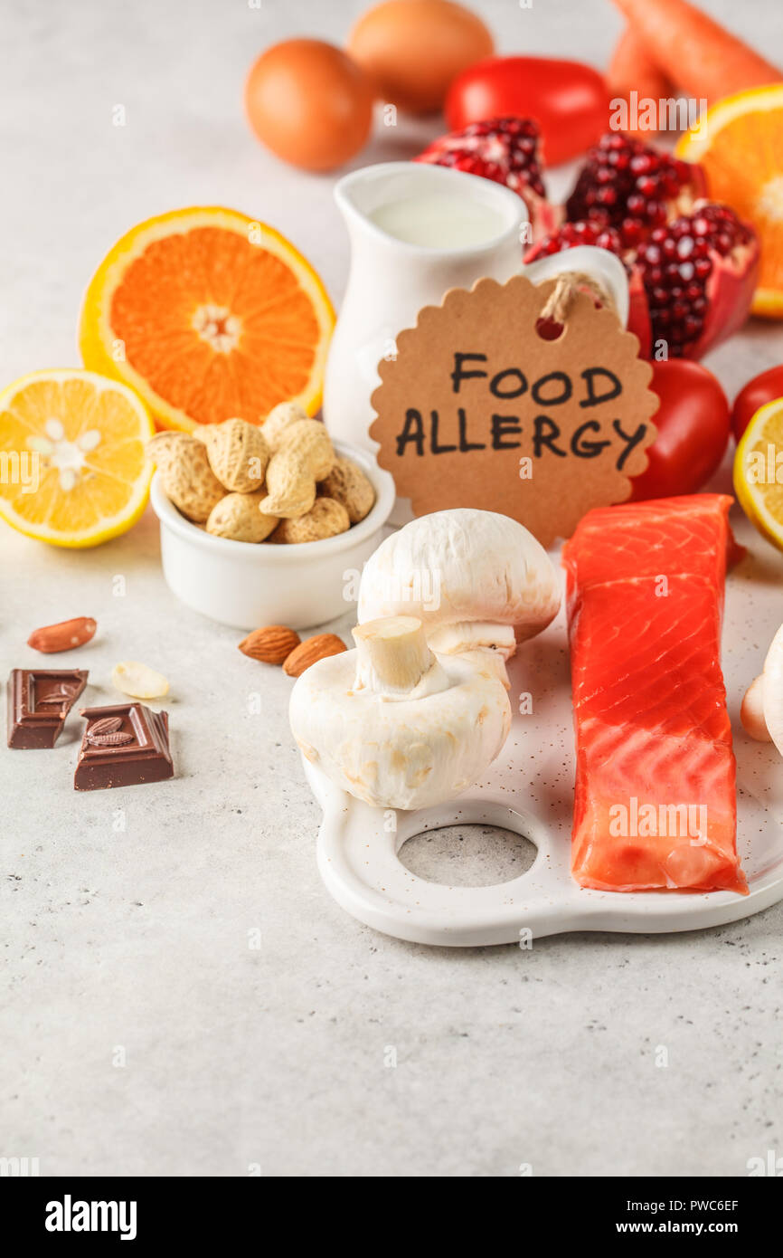 Allergy food concept. Allergies to fish, eggs, citrus fruits, chocolate