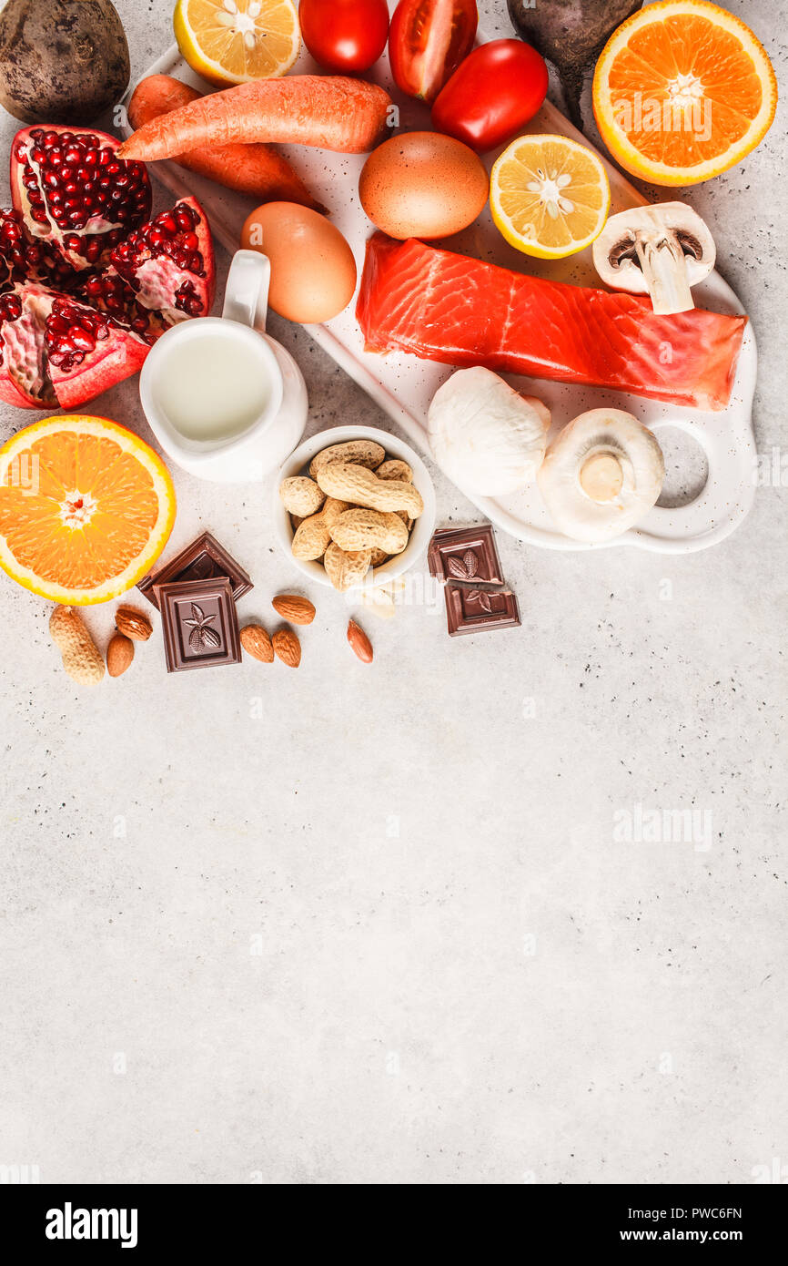 Allergy food concept. Allergies to fish, eggs, citrus fruits, chocolate