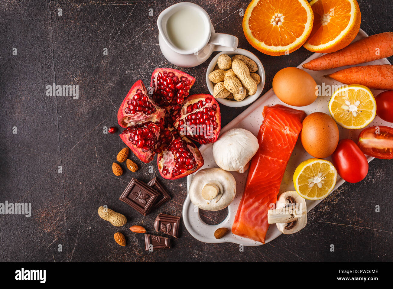 Allergy food concept. Allergies to fish, eggs, citrus fruits, chocolate