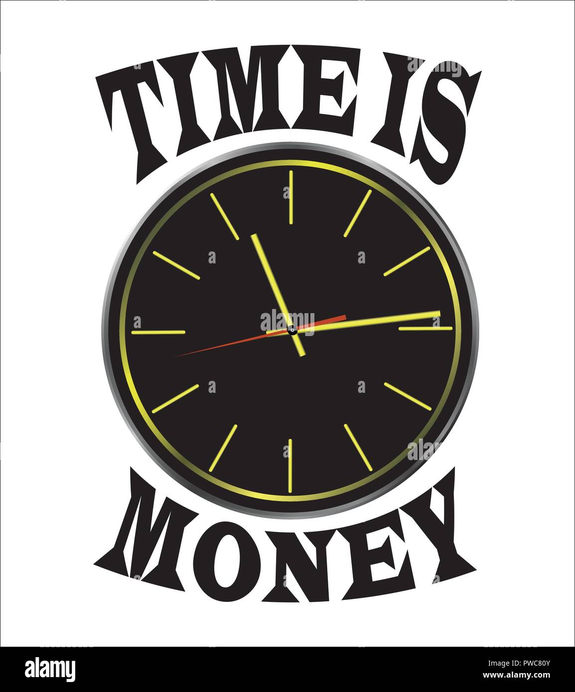 The flat pattern. Clock with hands. Time is money .Isolated, white