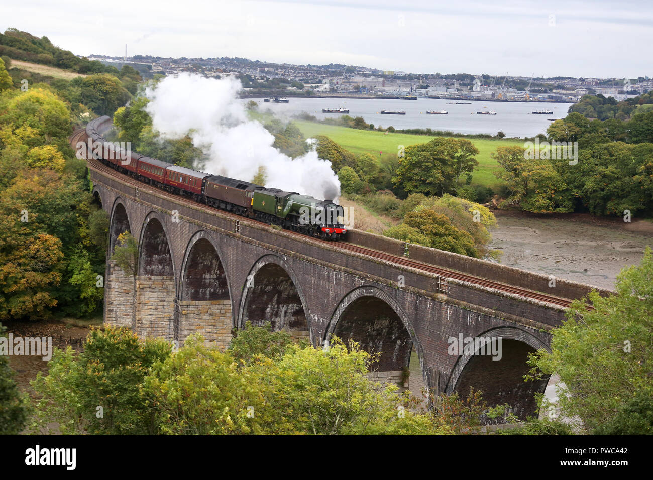 The magnificanrt sight of The Flying Scotsman entering the county of Cornwall for the first time in it's illustrious history. Stock Photo
