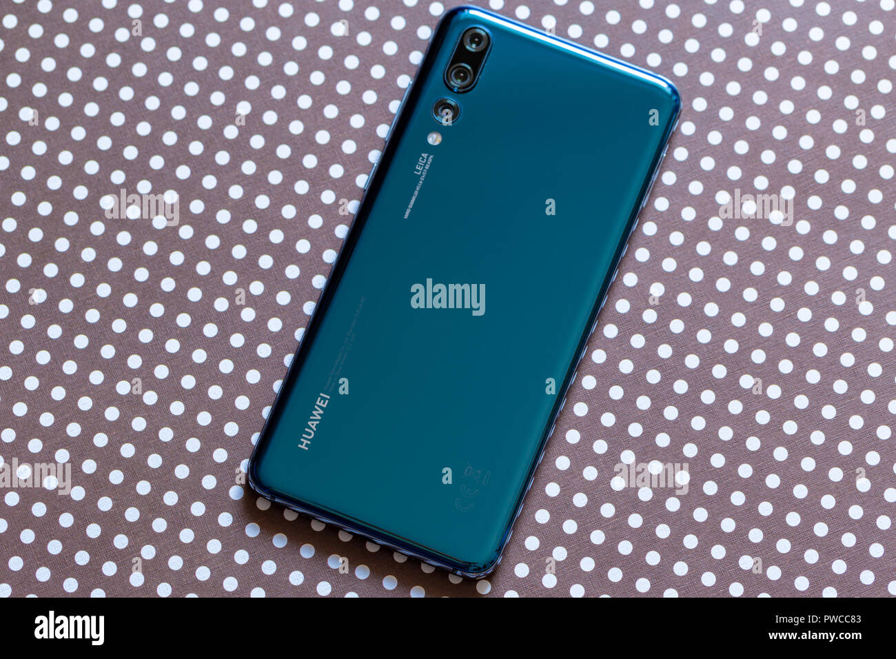 Warsaw, Poland - October 07,2018: Smartphone Huawei P20 Pro in blue colour. Stock Photo