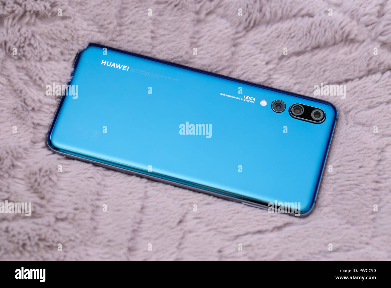 Warsaw, Poland - October 07,2018: Smartphone Huawei P20 Pro in blue colour. Stock Photo