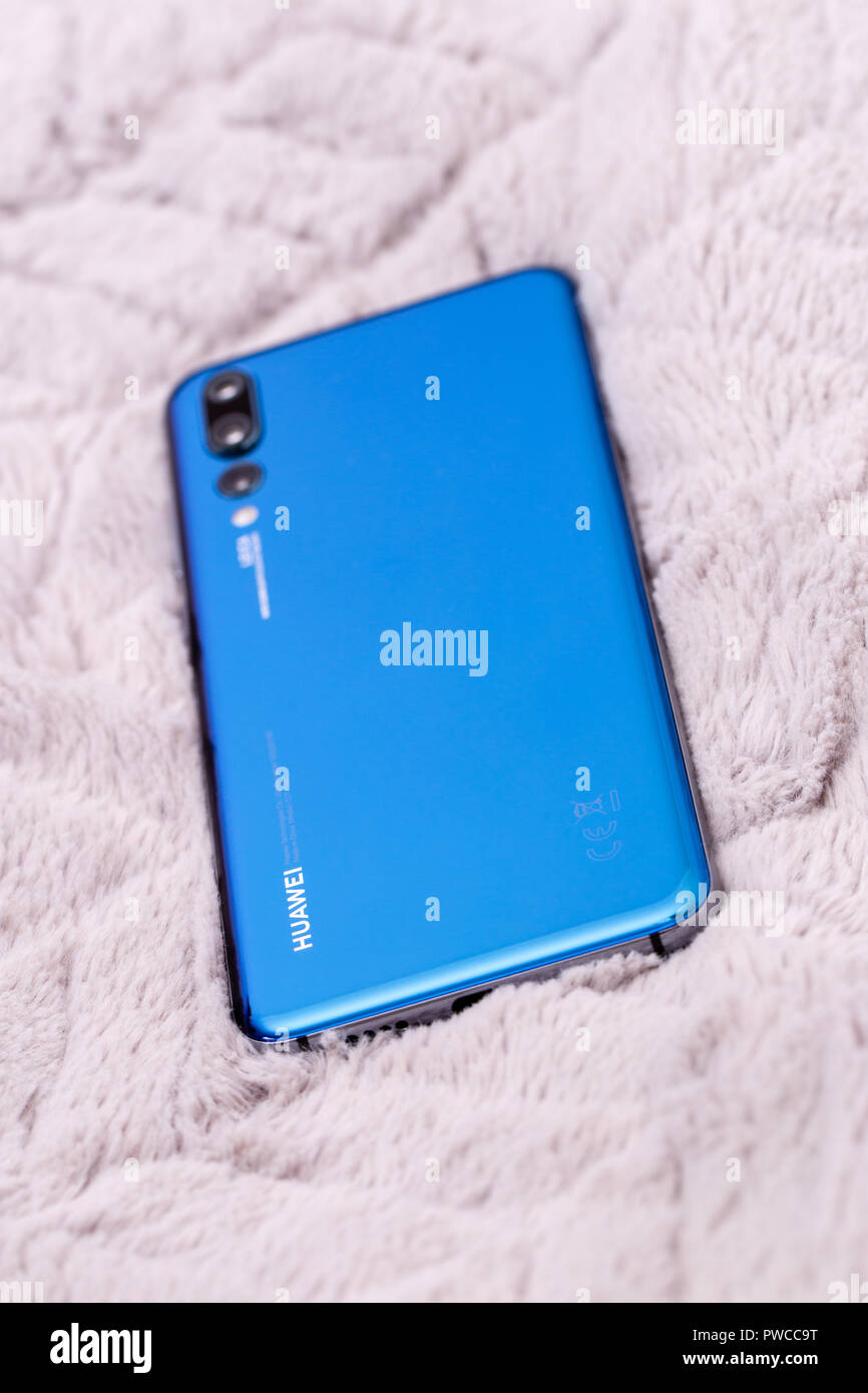 Warsaw, Poland - October 07,2018: Smartphone Huawei P20 Pro in blue colour. Stock Photo