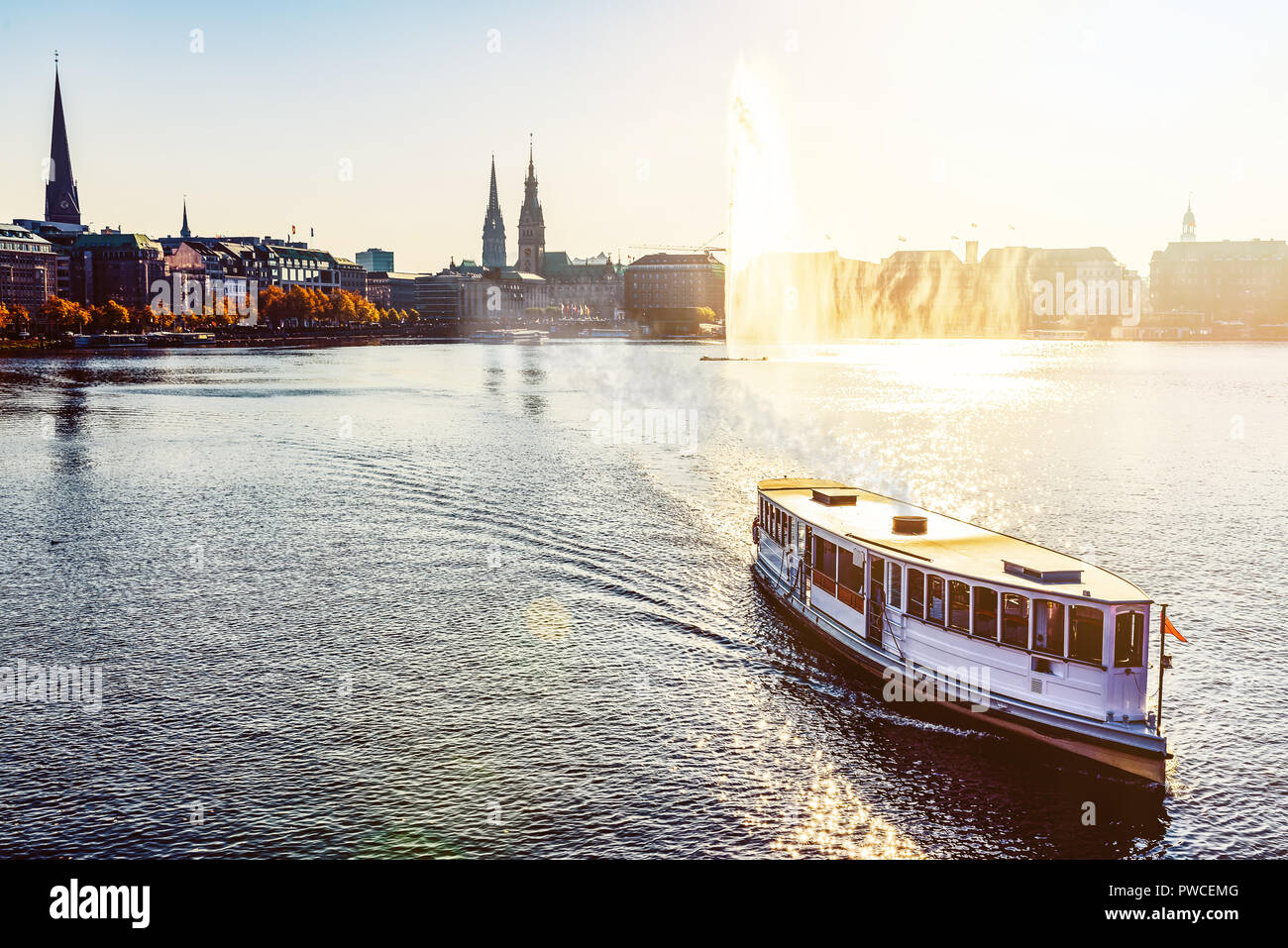 historic steam boat on Alster Lake in Hamburg, Germany Stock Photo