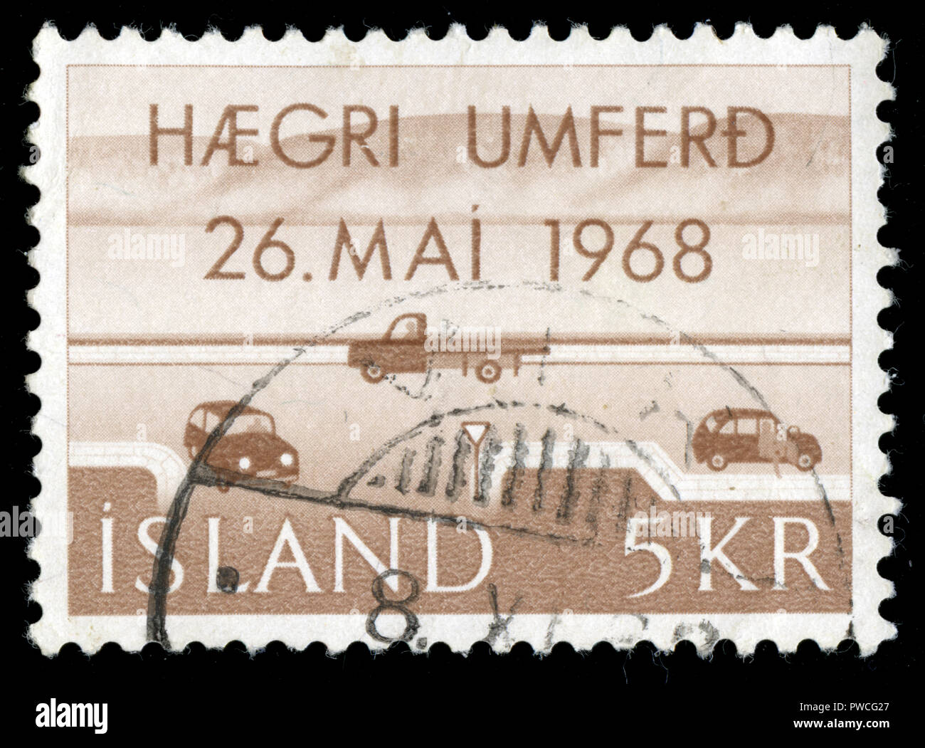Postmarked stamp from Iceland in the Right side traffic series issued in 1968 Stock Photo