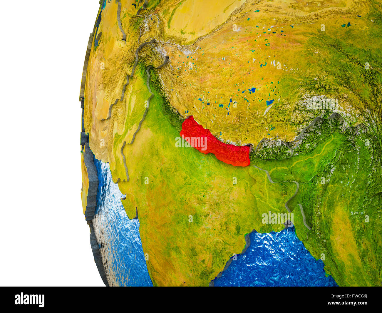 Nepal highlighted on 3D Earth with visible countries and watery oceans ...